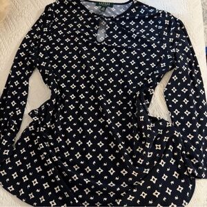 Ralph Lauren Navy and White Geometric Long Sleeve Top